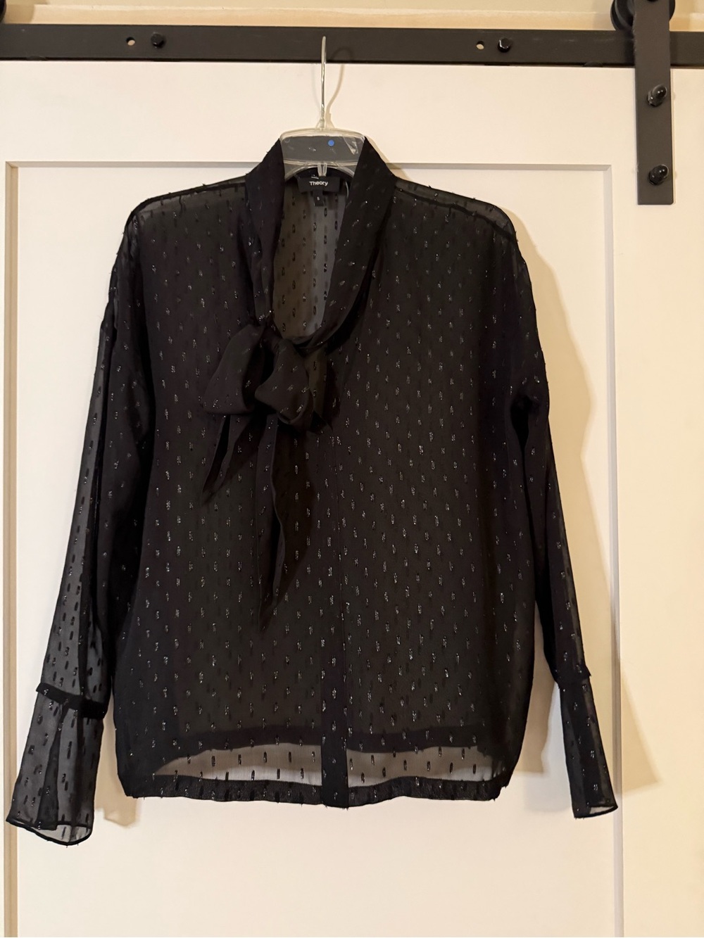 Theory Silk Black Sheer Tie-Neck Blouse with Subtle Dot Texture